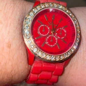 New red crystal watch round face silicone band Geneva